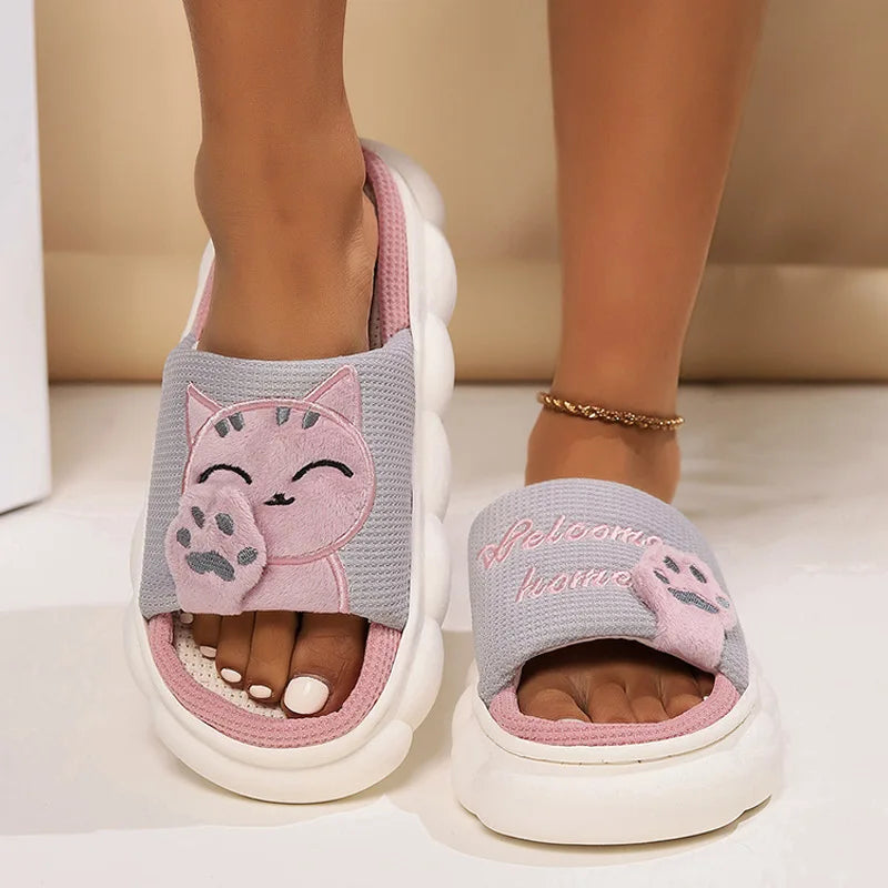 Embroidered Cat Slippers with Hemp Insole and Low Platform