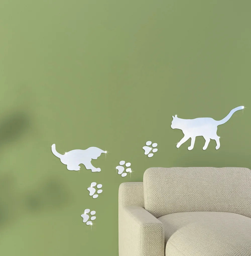 Cat Mirror Wall Stickers, Acrylic Cat Silhouettes with Paw Prints