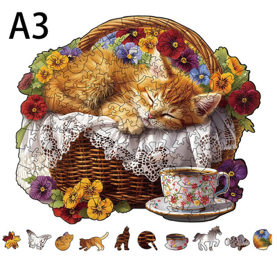 Sleeping Kitten Wooden Puzzle, Unique Shaped Cat Jigsaw for Adults