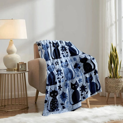 Blue Cat Floral Patchwork Flannel Throw Blanket