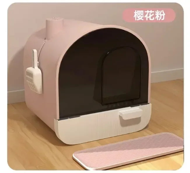 Cabin-Style Enclosed Cat Litter Box With Pull-Out Drawer and Paw Mat