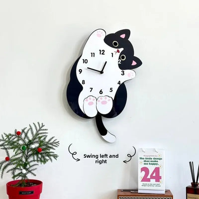 Tuxedo Cat Wall Clock With Swinging Tail, Playful Cartoon Cat Clock