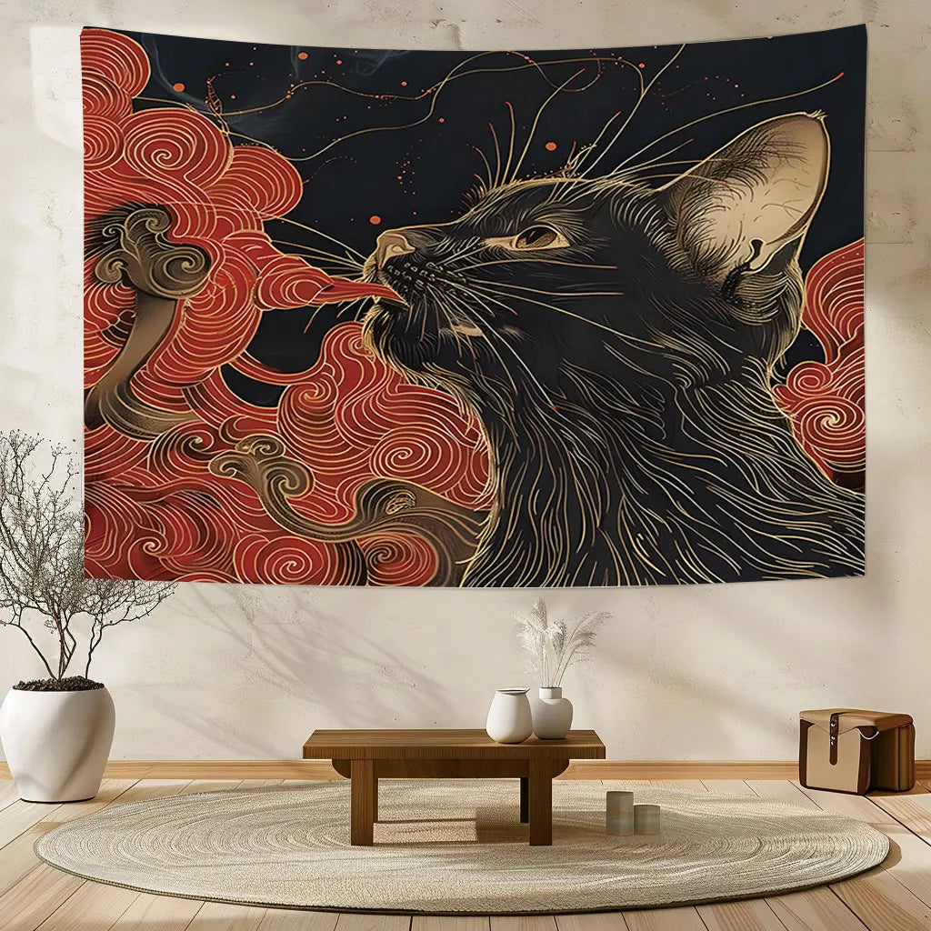 Ukiyo-e Cat Tapestry, Japanese Cat Swallowing the Great Wave Wall Hanging