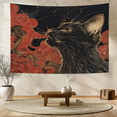 Ukiyo-e Cat Tapestry, Japanese Cat Swallowing the Great Wave Wall Hanging