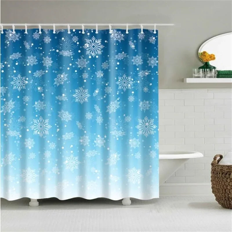 Christmas Shower Curtain with Snowman and Santa, Hooks Included