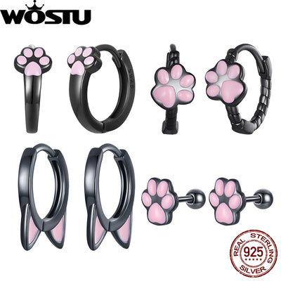 Sterling Silver Cat Paw Earrings With Pink Toe Beans, Huggie Hoops or Studs