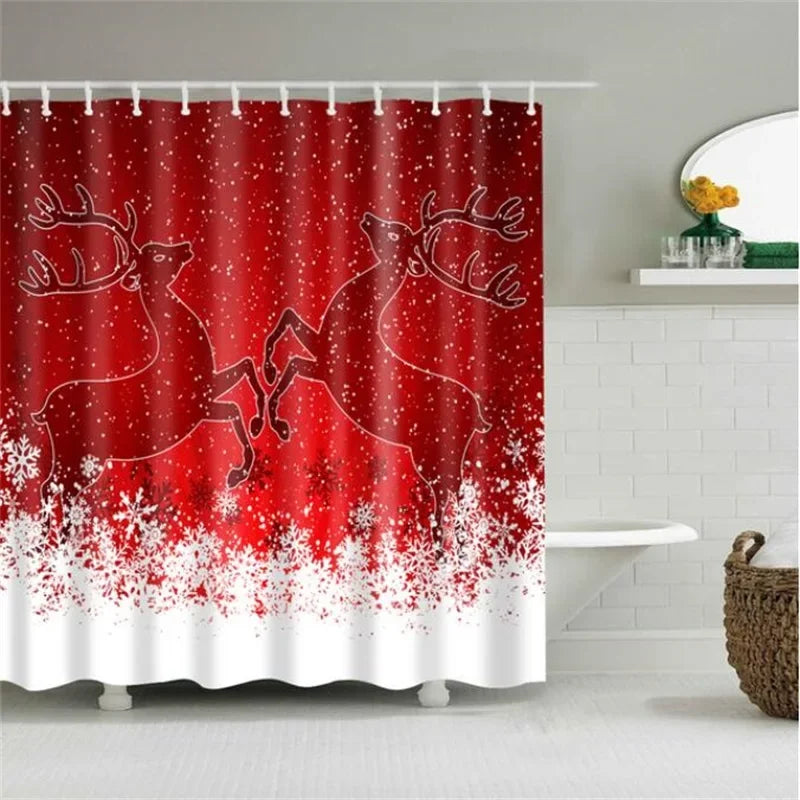 Christmas Shower Curtain with Snowman and Santa, Hooks Included