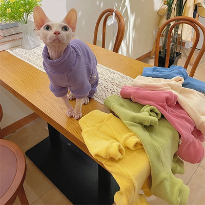Fleece Sphynx Cat Jumpsuit, 4-Leg Winter Bodysuit in 10 Sizes and 6 Colors