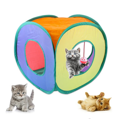Rainbow Cat Play Cube Tunnel with Hanging Ball Toy