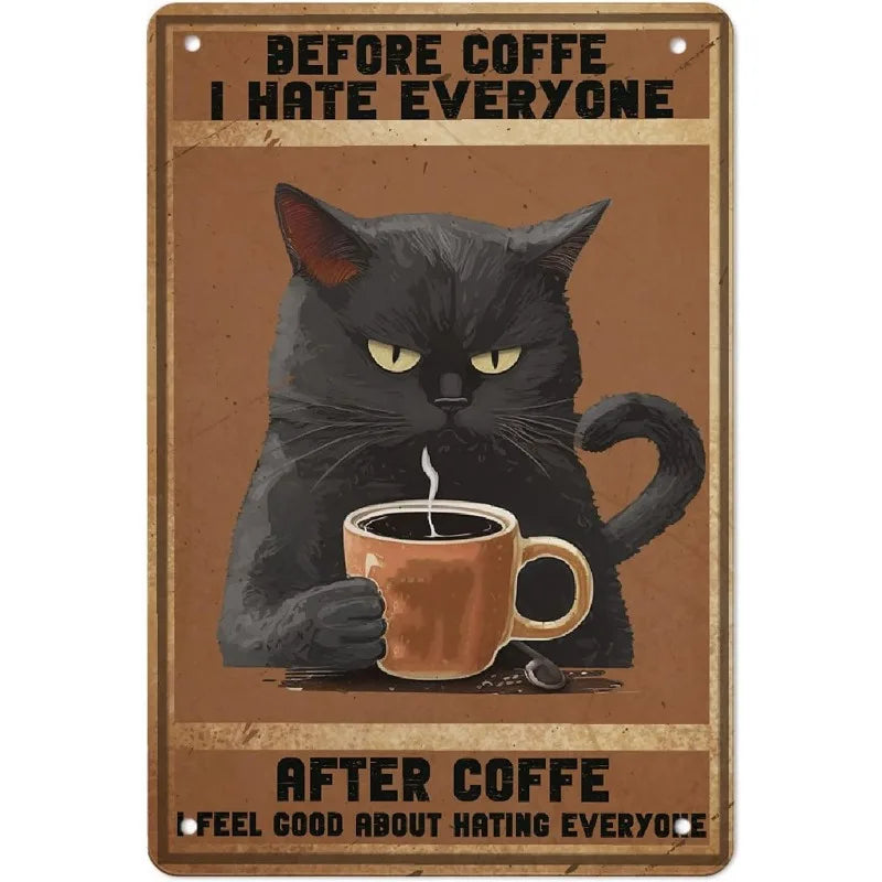 Coffee Cat Tin Sign, Retro Metal Kitchen and Cafe Wall Decor