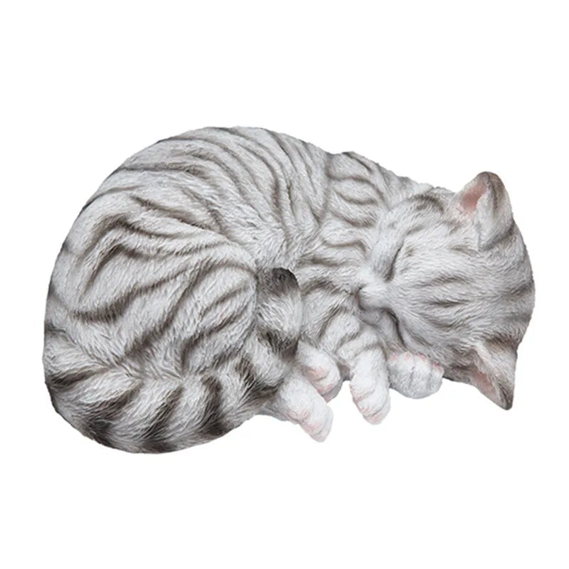 Lifelike Sleeping Cat Statue, Silver Tabby Resin Figurine 8 Inch