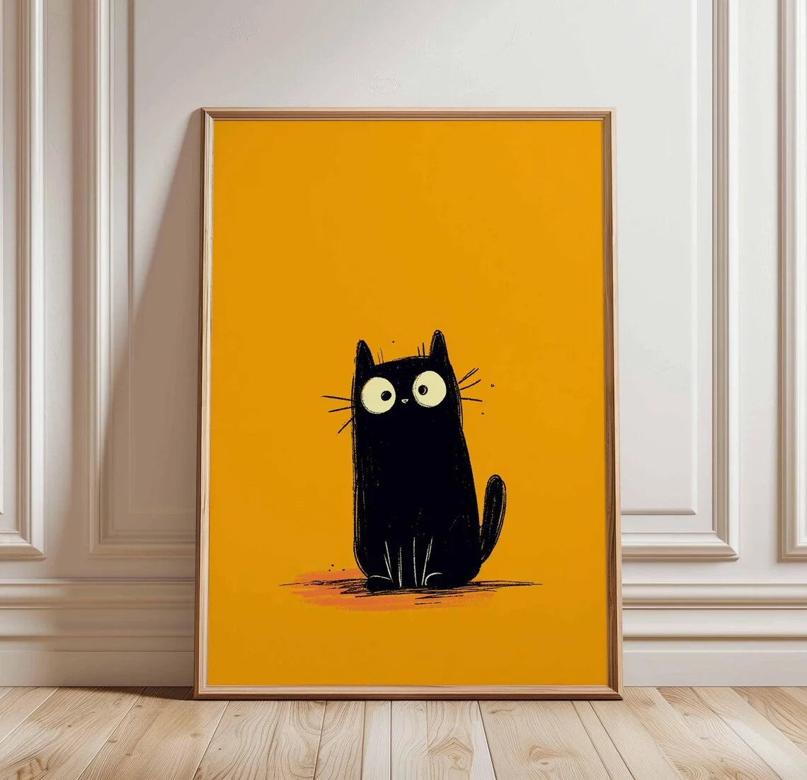 Black Cat Poster on Bold Orange, Funny Minimalist Cat Art Print
