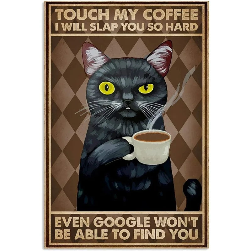 Coffee Cat Tin Sign, Retro Metal Kitchen and Cafe Wall Decor
