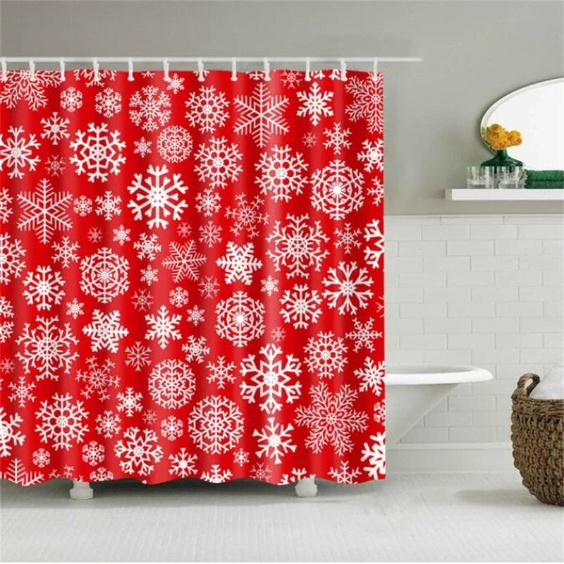 Christmas Shower Curtain with Snowman and Santa, Hooks Included
