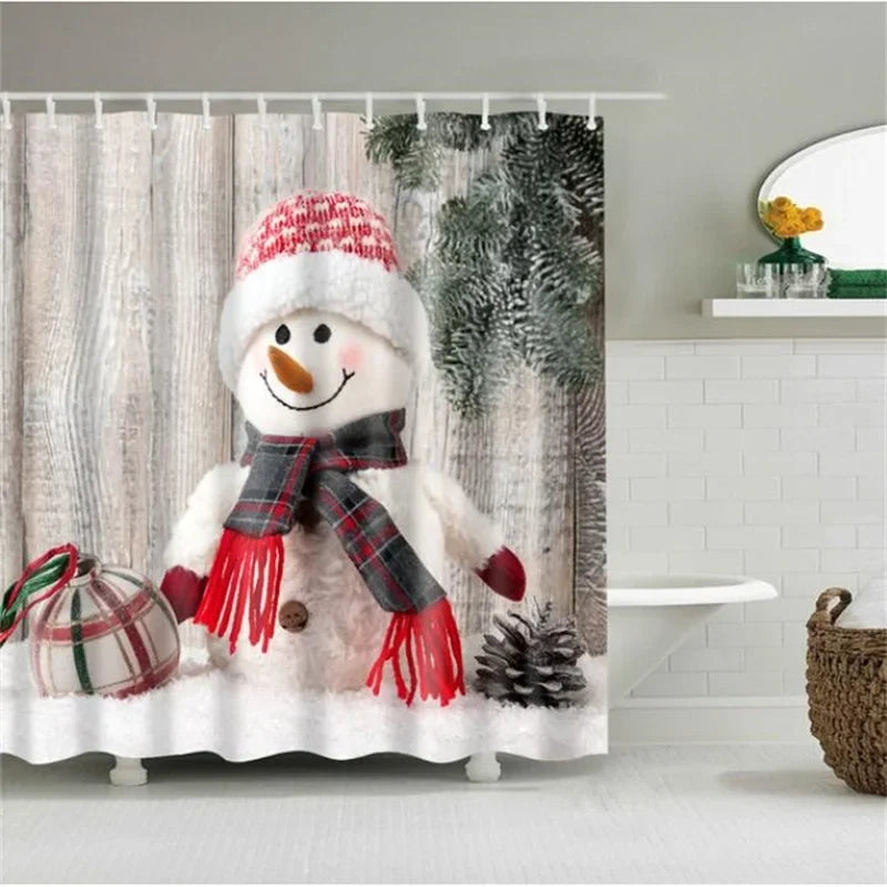 Christmas Shower Curtain with Snowman and Santa, Hooks Included