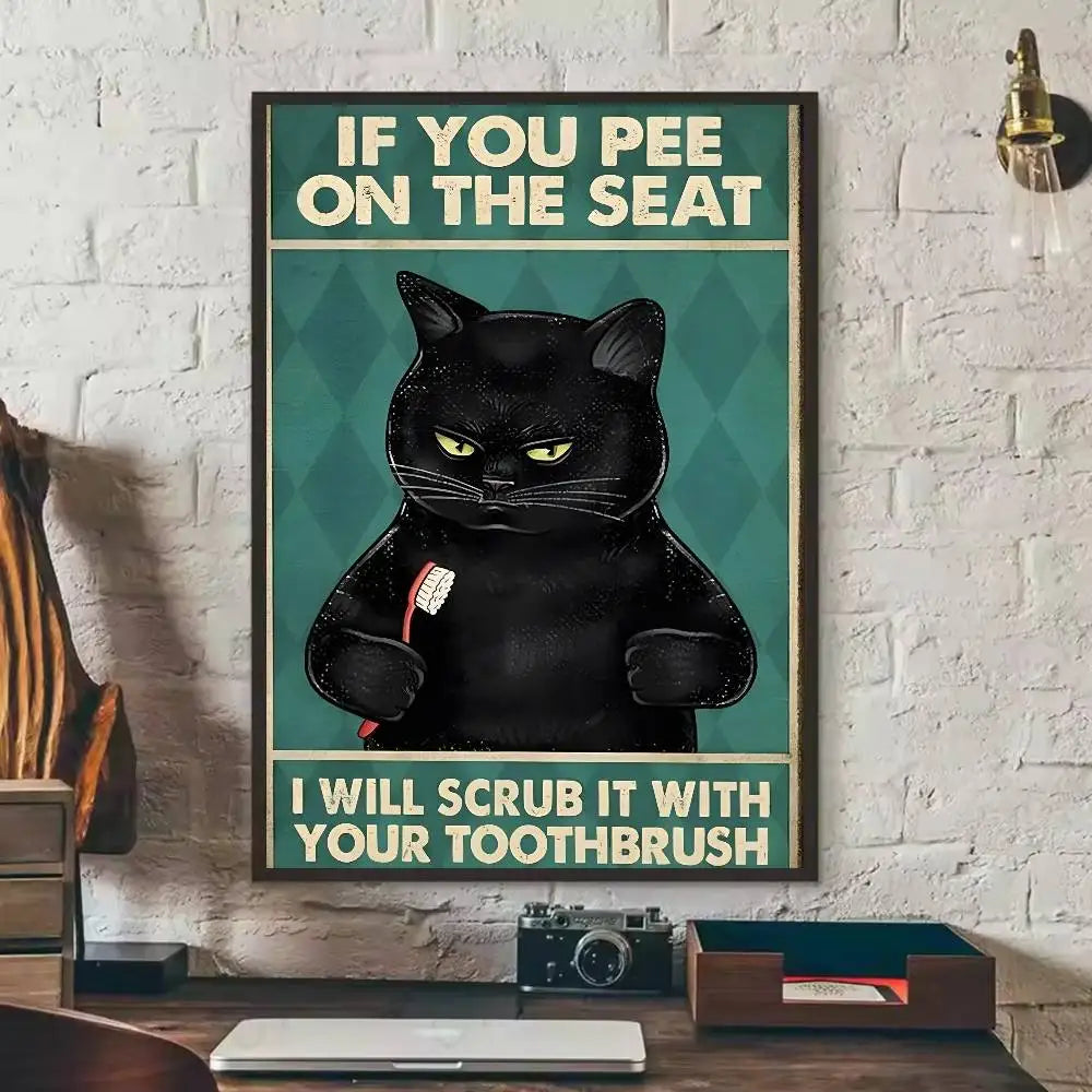 Self-Adhesive Black Cat Poster, Cute Peel and Stick Wall Art