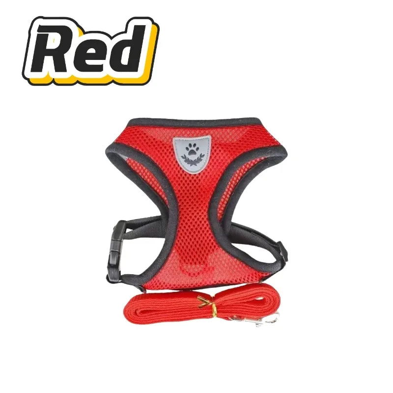 Red Mesh Cat Harness and Leash Set, Bright High-Visibility Vest With Reflective Trim