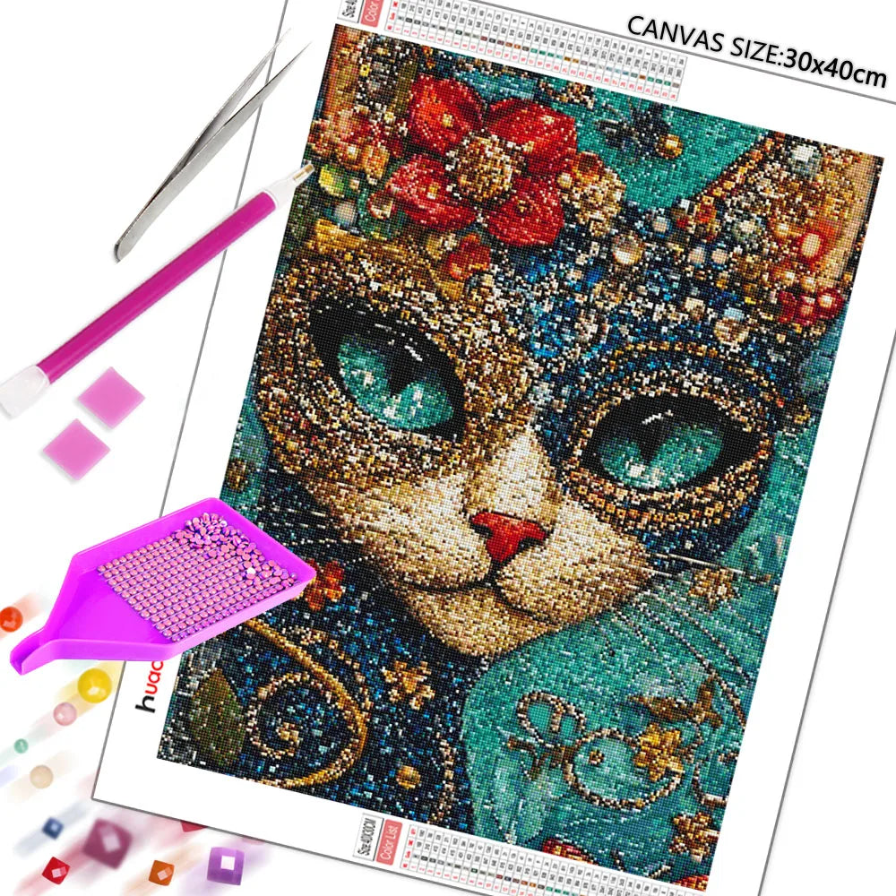 Cat and Flowers Diamond Painting Kit, 5D Full Drill Floral Cat Art