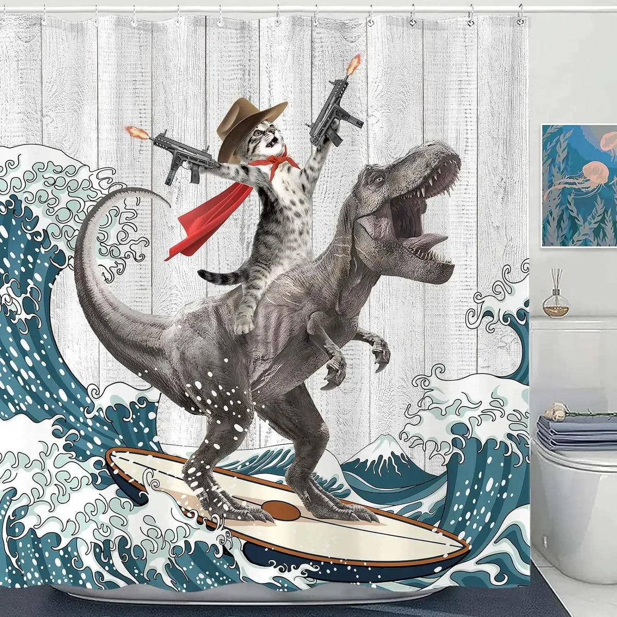 Cute Cat and Dinosaur Shower Curtain with 12 Hooks Included