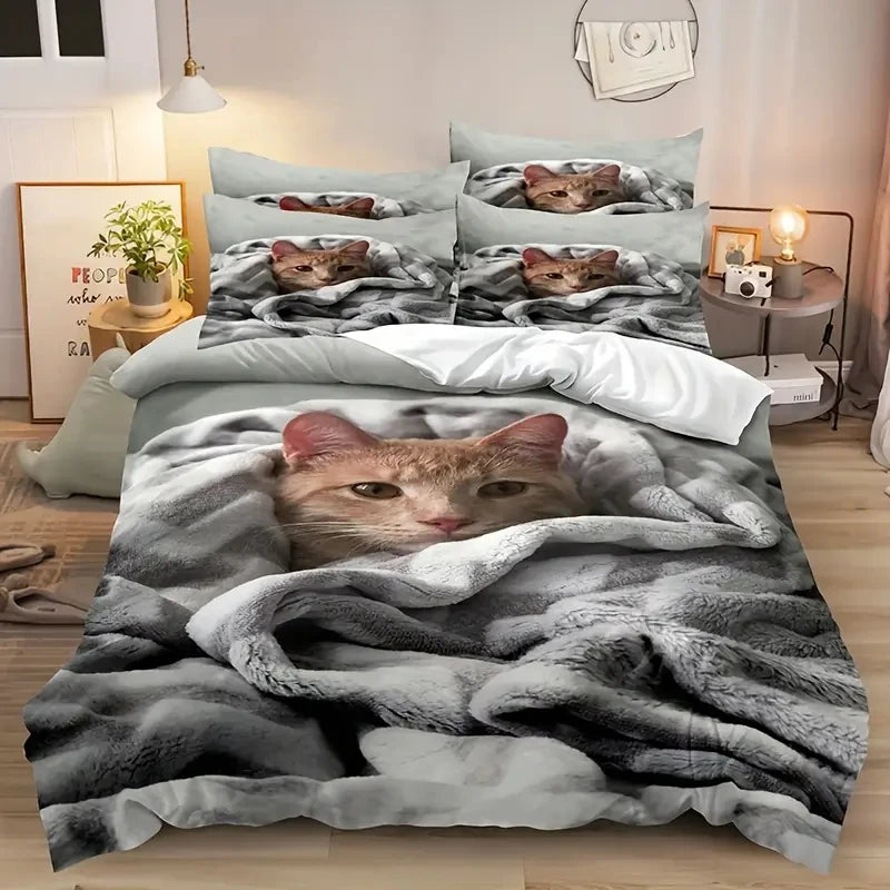 Bettbezug mit weißer Katze