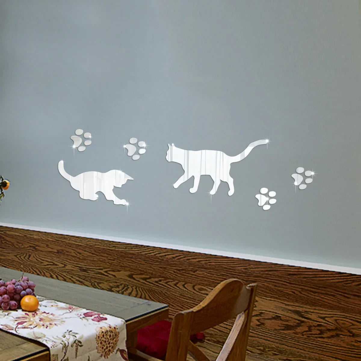 Cat Mirror Wall Stickers, Acrylic Cat Silhouettes with Paw Prints