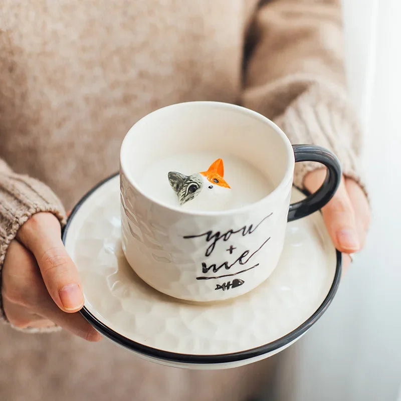 Hidden Kitten Cup and Saucer, Ceramic Coffee Cup With 3D Cat Inside