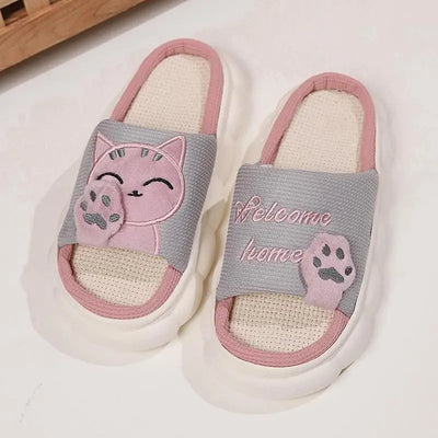 Embroidered Cat Slippers with Hemp Insole and Low Platform