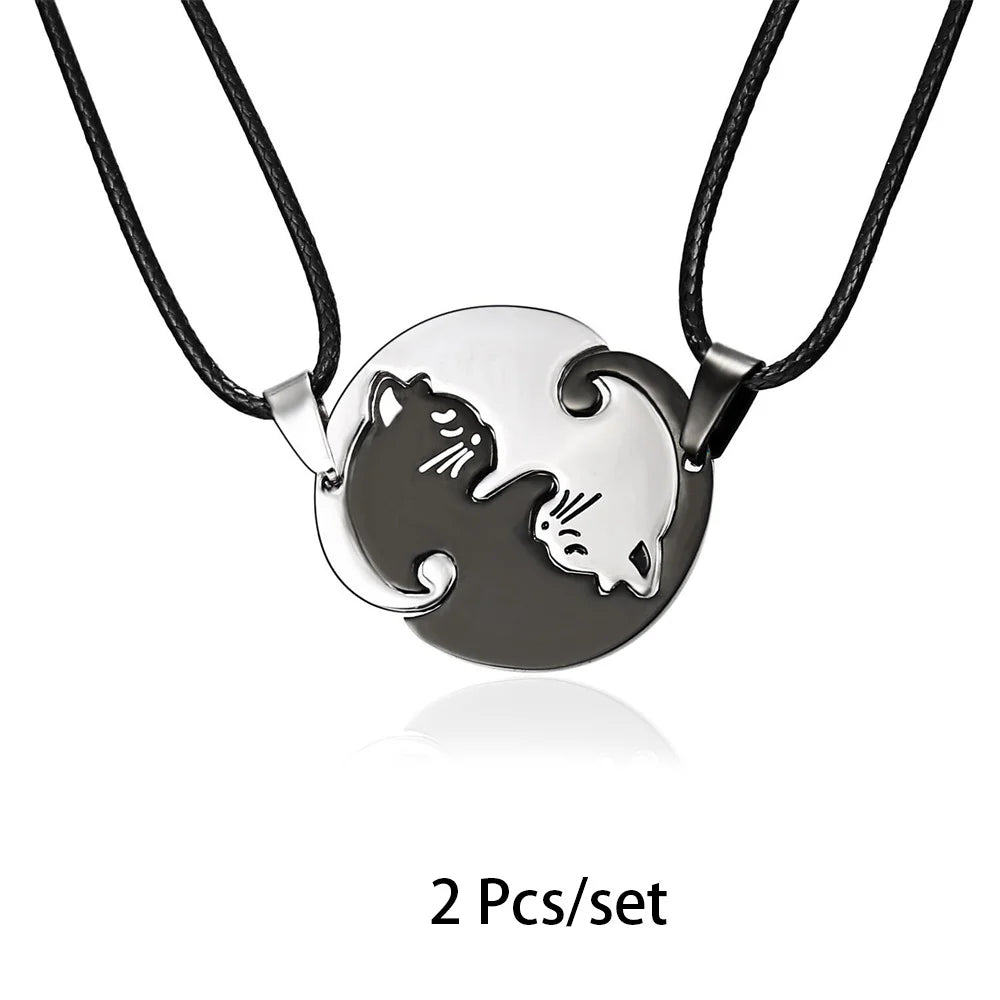 Matching Cat Couple Necklaces, 2-Piece Interlocking Gold and Silver-Tone Pendants
