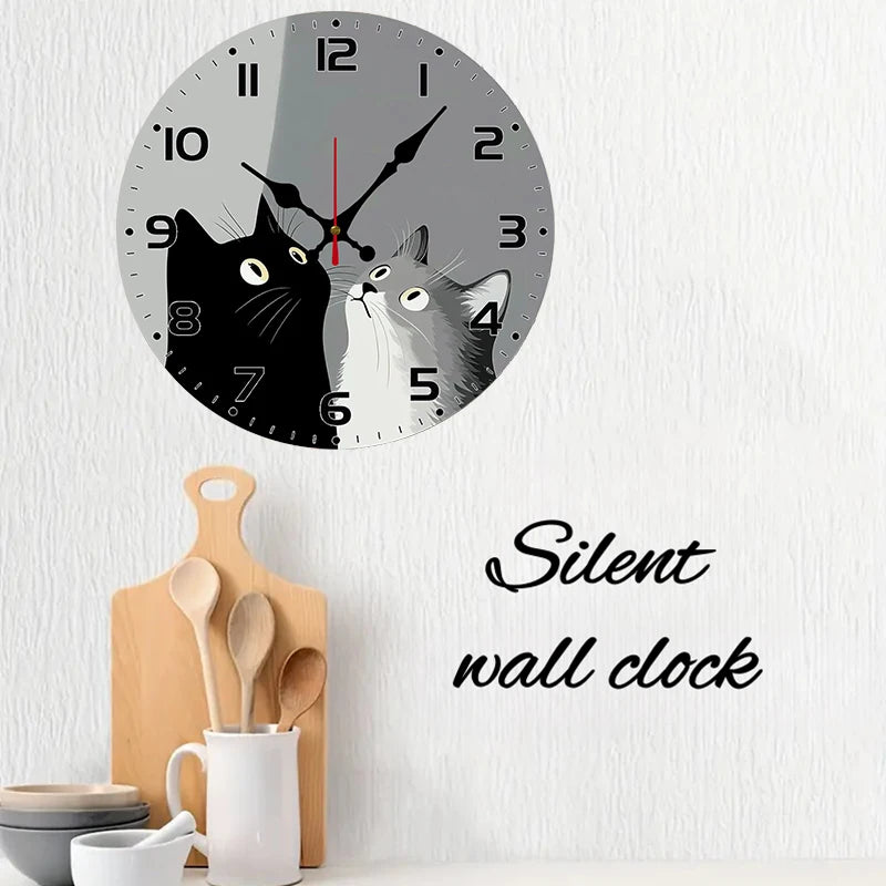 Two Cats Wall Clock, Black and Gray Cats Looking Up at the Time