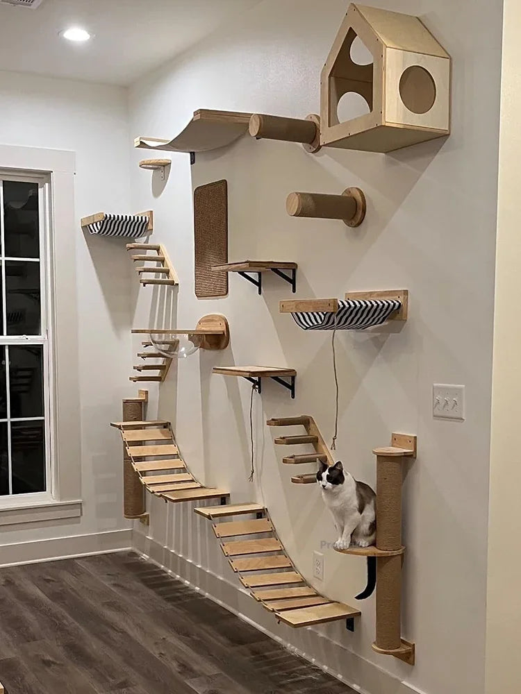 Wall-Mounted Cat Climbing Shelf Set with Bridge and Hammock