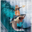 Funny Cat Riding a Shark Shower Curtain, Ocean Wave Bath Decor