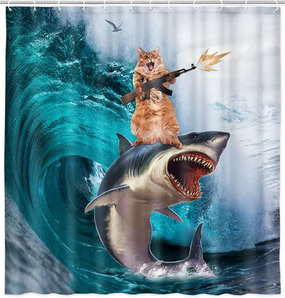 Funny Cat Riding a Shark Shower Curtain, Ocean Wave Bath Decor
