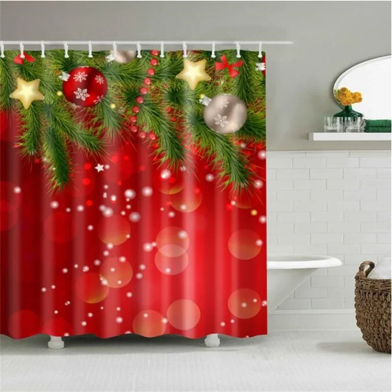 Christmas Shower Curtain with Snowman and Santa, Hooks Included