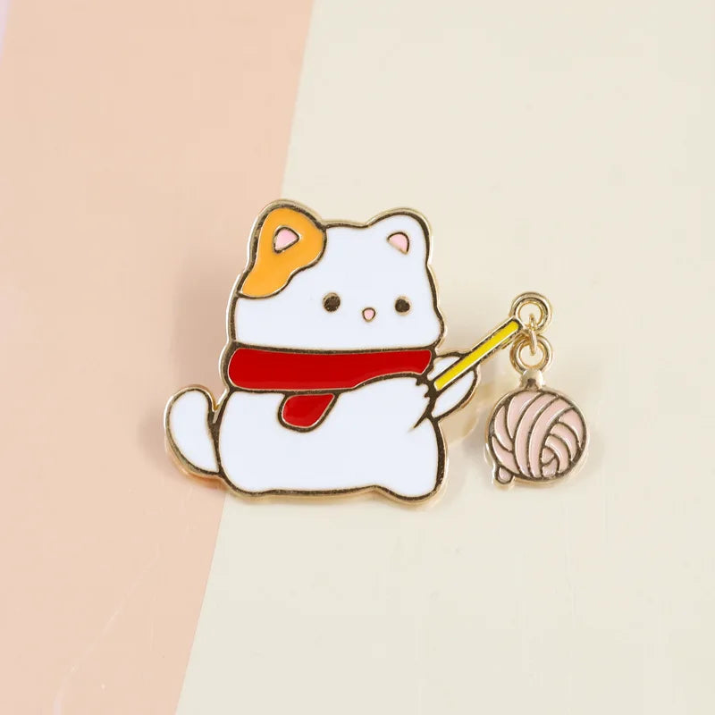 Cat Fishing Enamel Pin with Dangling Fish Charm, Cute Cat Brooch