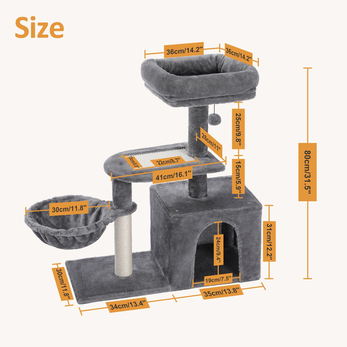 Small Cat Tree for Indoor Cats – 3-Tier Cat Tower with Scratching Posts, Cozy Hammock & Removable Top Perch