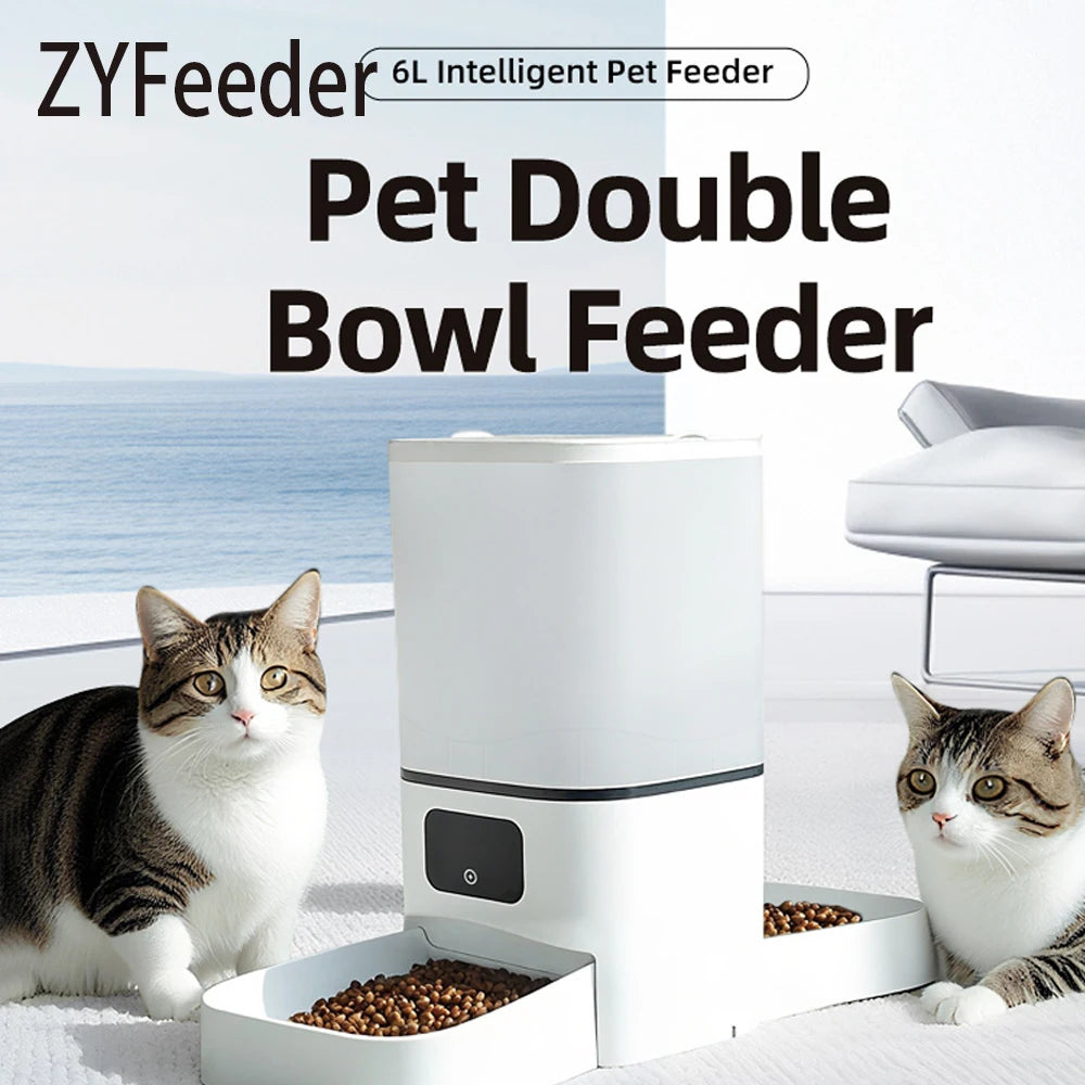 6L Wi-Fi Automatic Cat Feeder With Dual Bowls, App-Controlled Food Dispenser