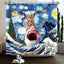 Funny Cat Riding a T-Rex Shower Curtain, Japanese Wave Decor