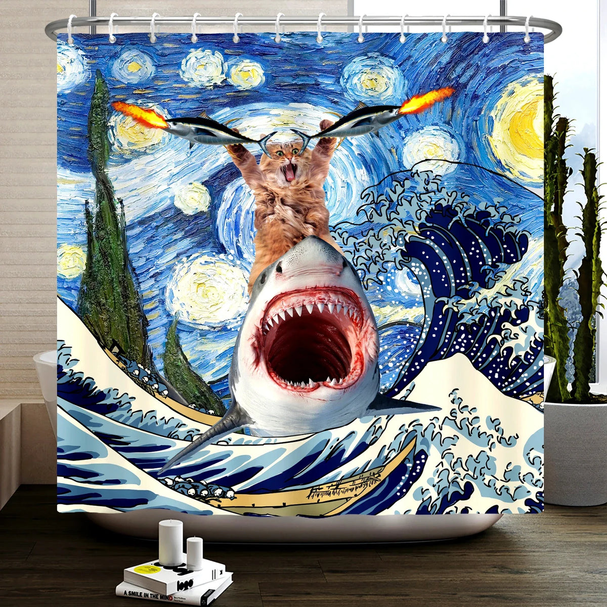 Funny Cat Riding a T-Rex Shower Curtain, Japanese Wave Decor