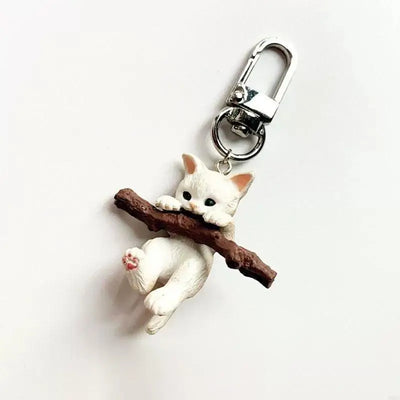 Hanging Kitten Keychain, White Cat Biting a Branch, 3D Resin Bag Charm