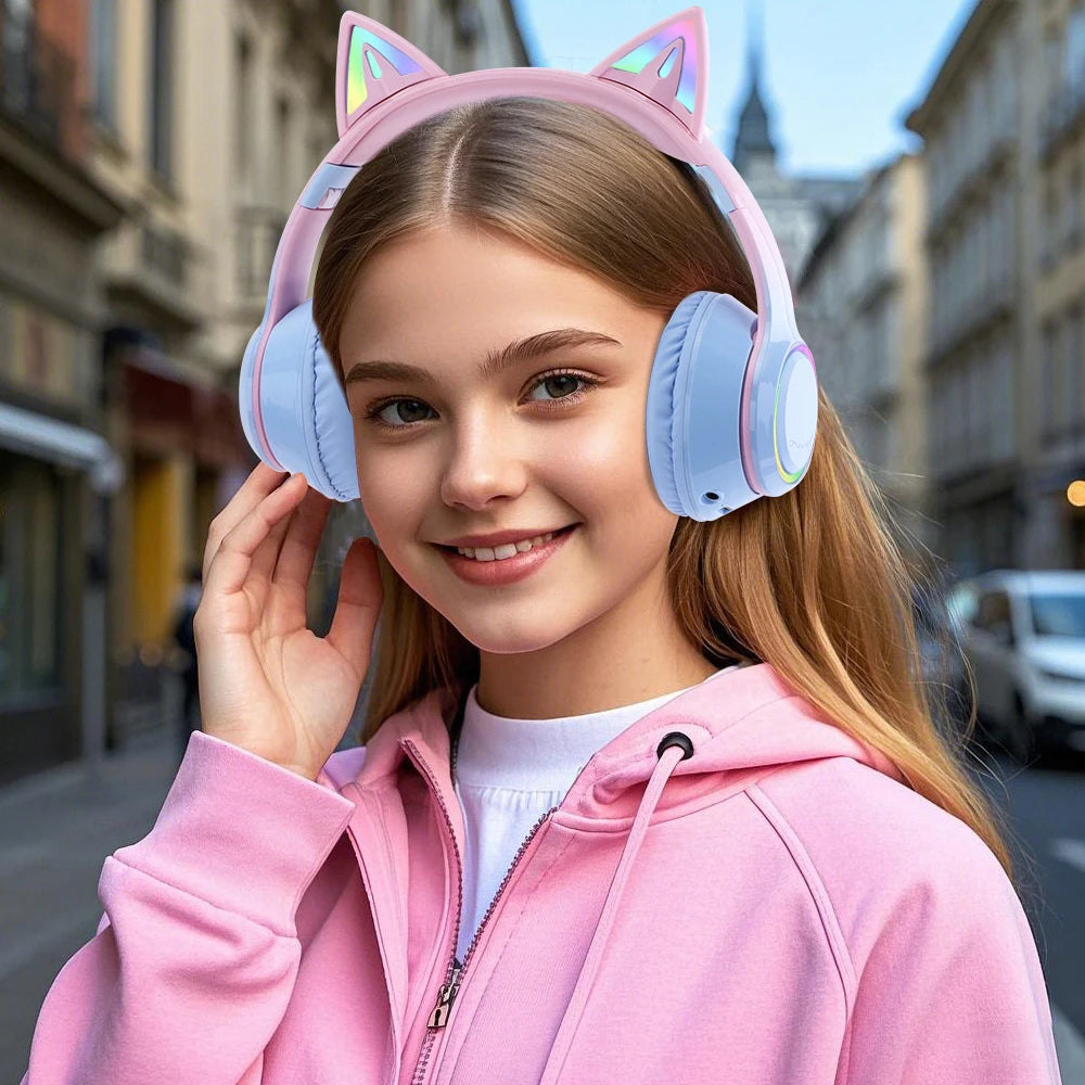 QearFun Cat Wallet Bluetooth Headphones – Cute Cat Ear Wireless Headset with Colorful LED Lights, Mic & Foldable Design