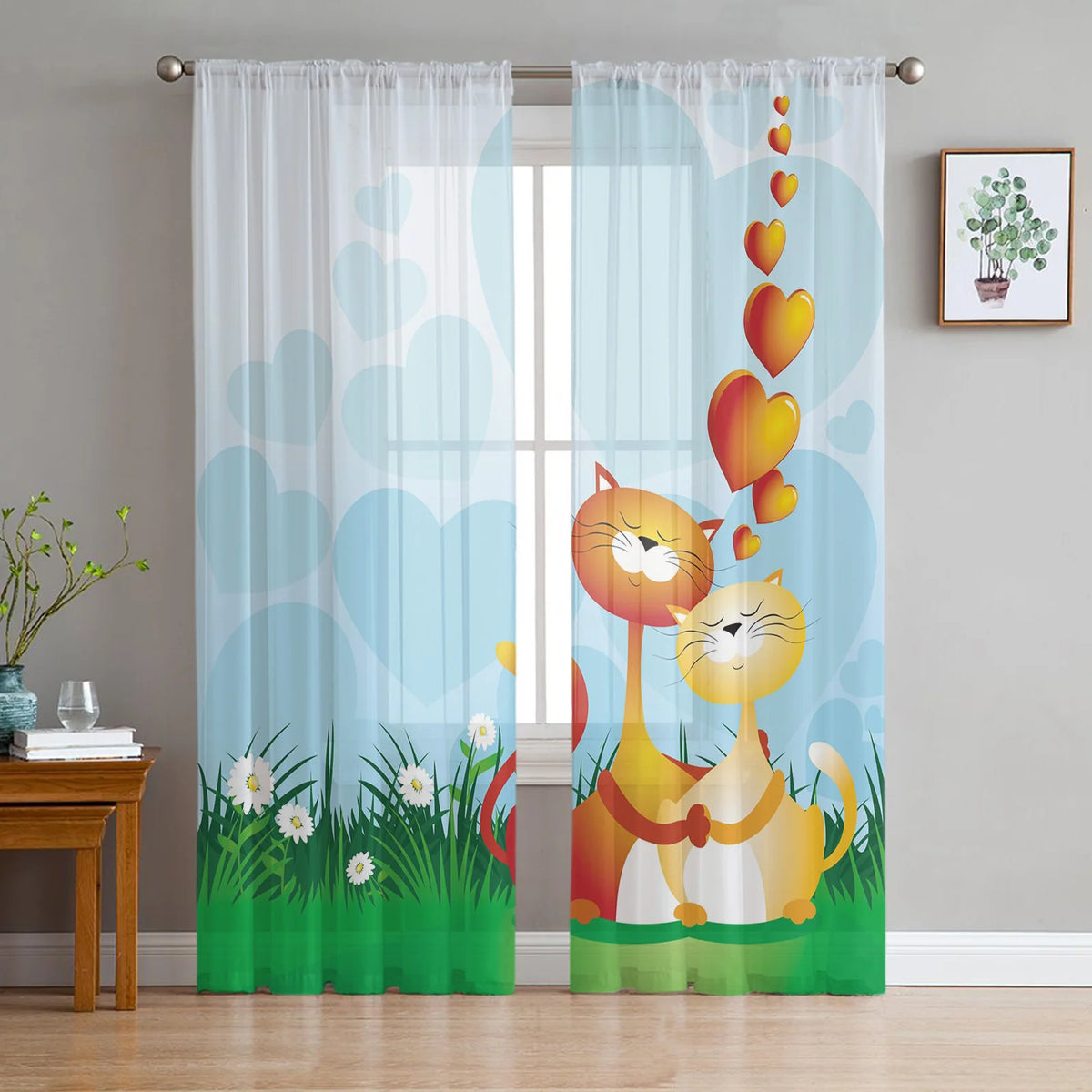 Cartoon Cat Sheer Curtains, Printed Voile Window Panels Set of 2