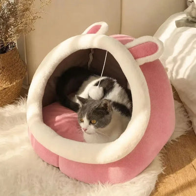 Hooded Cat Tent Bed with Hanging Ball and Cat Ears