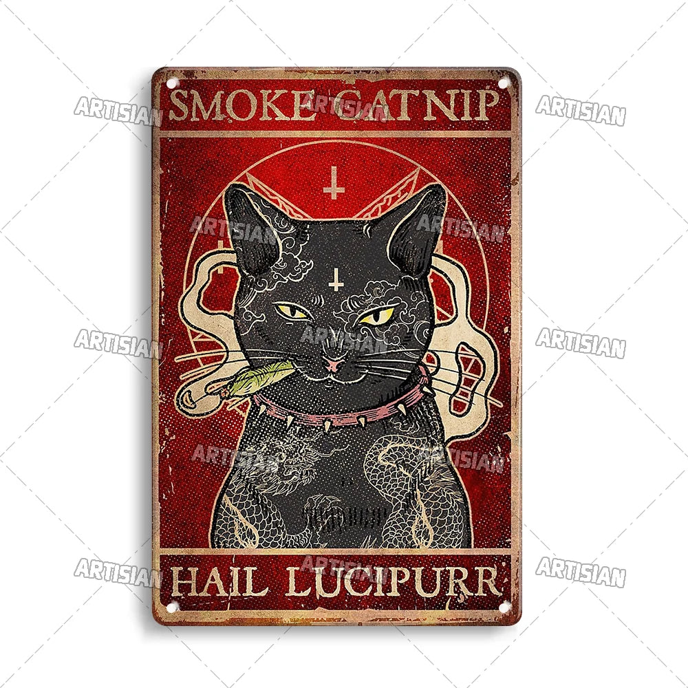 Black Cat Vintage Tin Plate, Horizontal Retro Wall Sign Gift