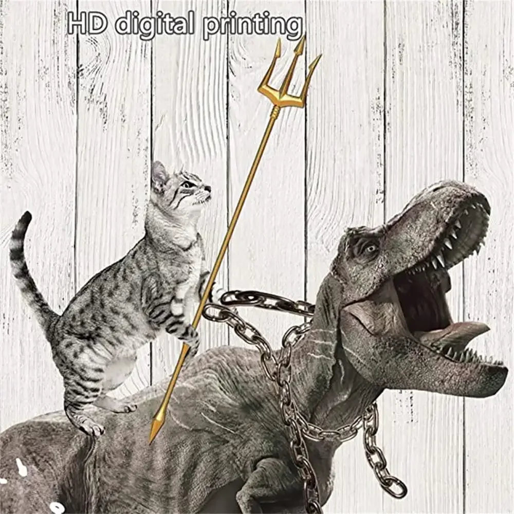 Funny Cat Riding a T-Rex Shower Curtain, Japanese Wave Decor
