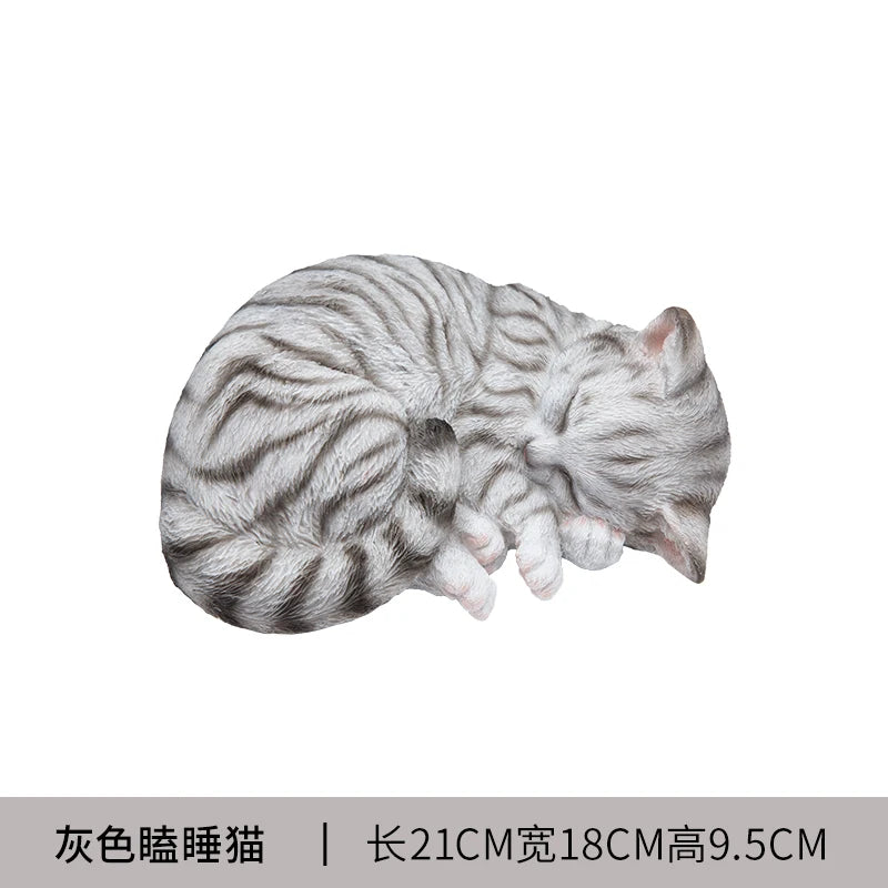 Lifelike Sleeping Cat Statue, Silver Tabby Resin Figurine 8 Inch