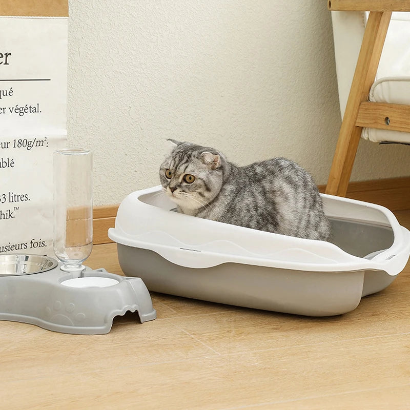 Semi-Open Cat Litter Box With Scoop Hook and Litter Step, Gray