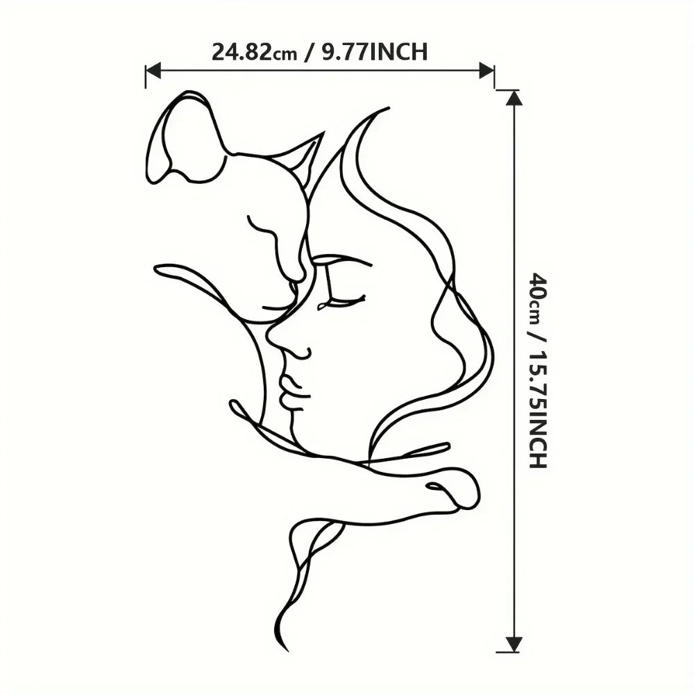 Woman and Cat Line Art Metal Wall Decor, Minimalist Silhouette