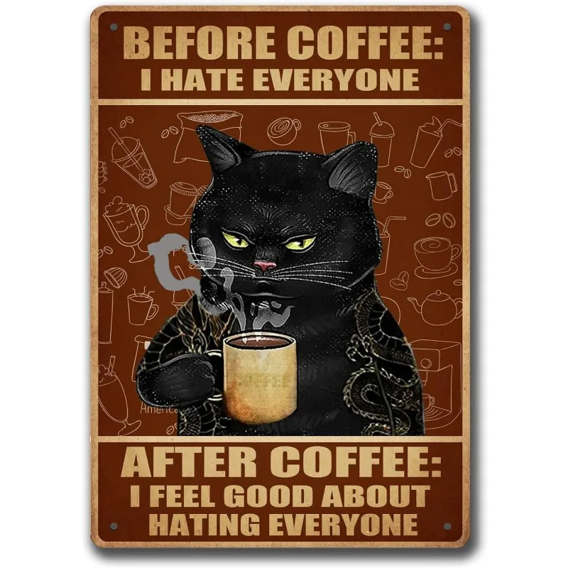 Coffee Cat Tin Sign, Retro Metal Kitchen and Cafe Wall Decor