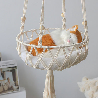 Hanging Macramé Cat Bed Basket with Woven Cotton Rope