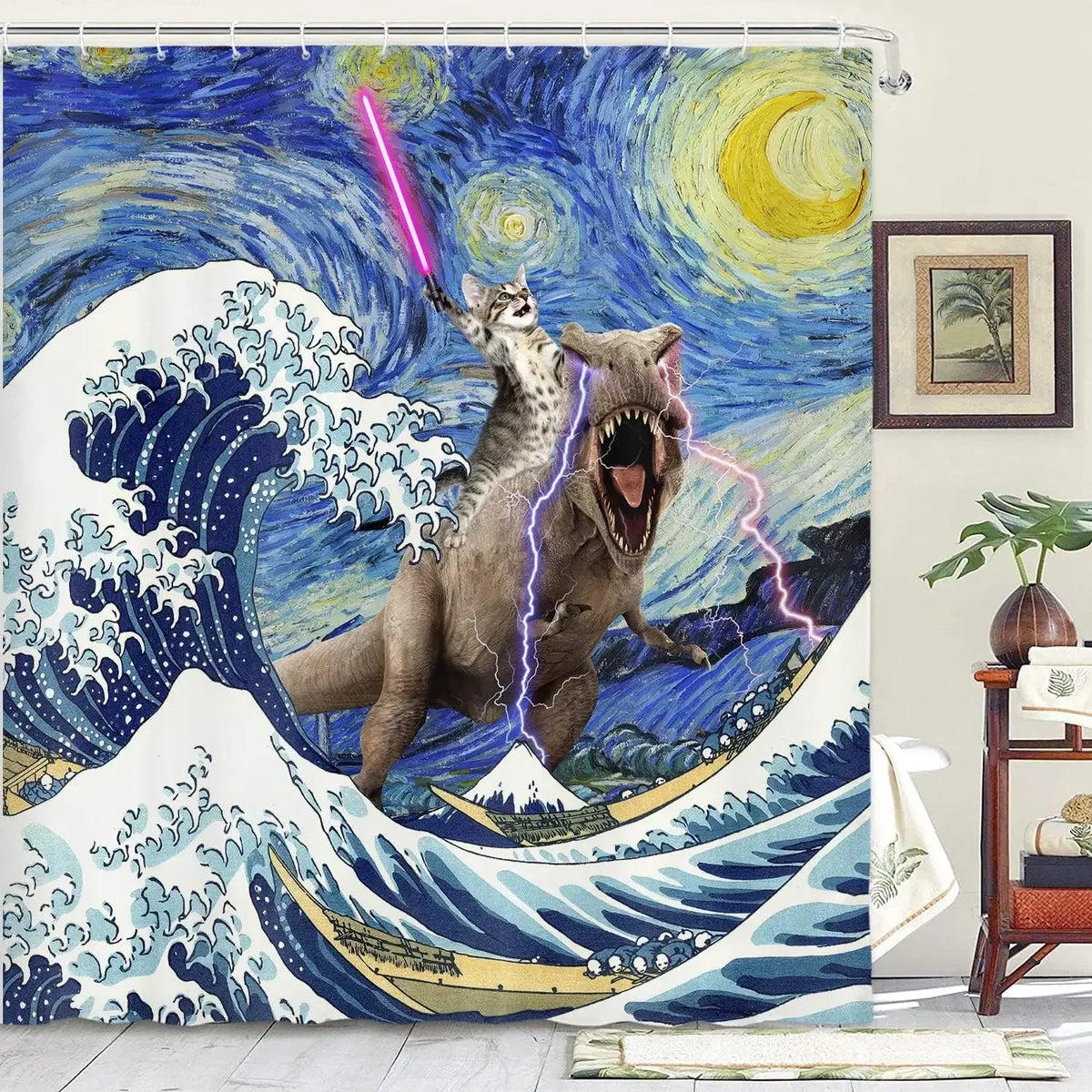 Cute Cat and Dinosaur Shower Curtain with 12 Hooks Included